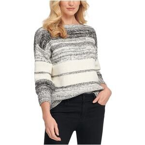 NWT DKNY Women's White Printed Stripe Long Sleeve Knit Sweater Size XS Cozy Core